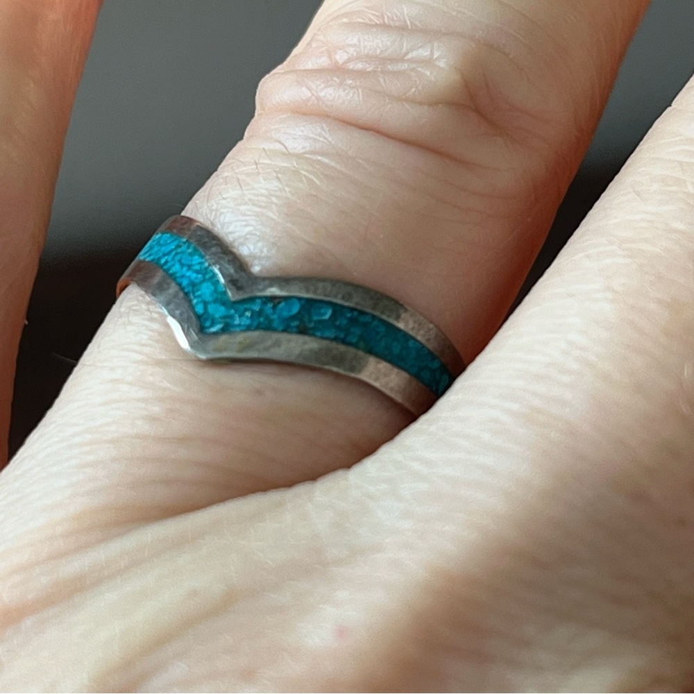 VINTAGE 925 Sterling Mexico TCN-07 and Turquoise Chevron Ring 6.5 - Picture 3 of 8